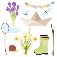 Set of vector illustrations in flat style on a white background. Spring set of decorative elements. Flowers, insects, boat, net, rubber boots in flat style.