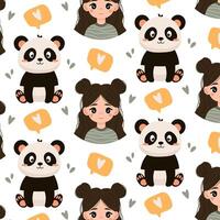 Panda with a cute girl. Baby background, pattern with panda and girl in flat style. vector