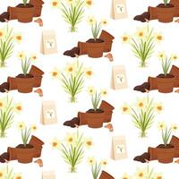 Spring seamless pattern. Pattern with daffodils in pots. Floral background. Botanical pattern with flowers in pots in flat style. vector