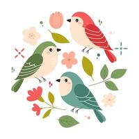 Vector set of illustrations of spring birds with decorative elements for your design. Birds in flat style on a white background.