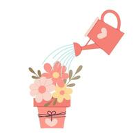 Pot of flowers in flat style. Vector illustration of a garden watering can watering flowers on a white background. Spring composition.