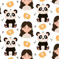 Seamless pattern with cute girl and panda. Vector illustration of a girl and a panda in a flat style. Kids pattern, background