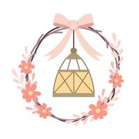 Spring wreath with lantern in flat style on a white background. Floral wreath for decoration. Spring clipart. vector