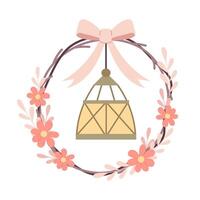 Spring wreath with lantern in flat style on a white background. Floral wreath for decoration. Spring clipart. vector