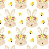 Spring pattern, background. Seamless pattern with a rabbit in a wreath of flowers and butterflies on a white background. Baby background, pattern with a rabbit. vector