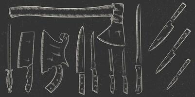 A set of knives in the style of a hand drawn sketch. Large axe, cleaver, fork, mousse and chef knives. Best for restaurant menu, kitchen and food design. Vector illustration with grunge texture.