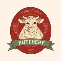 The cow's head logo is stylized with hand strokes. Logo for a butcher shop. Vector in vitnage style.