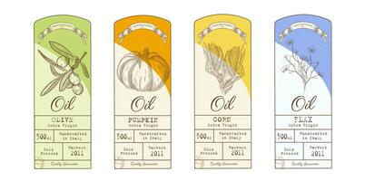 Vegetable oil labels. Vector print template in hand drawn style. Set in vintage style. Pumpkin oil, olive, flax and corn