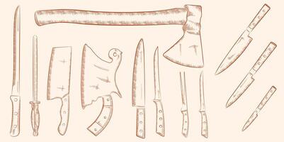 Hand drawn sketch style knives set. Santoku, steak, Large Cleaver and Chef's knives. Best for restaurant menu, kitchen and food designs. Vector illustrations.