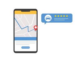 Car delivery route on map, rating and feedback in smartphone application. Online taxi vector