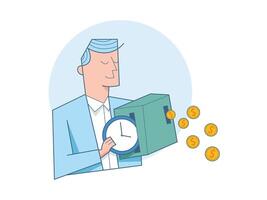 Time investment to make money, businessman investor push clock in return of money vector