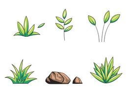 Grass, leaves and stone rocks vector cartoon illustration