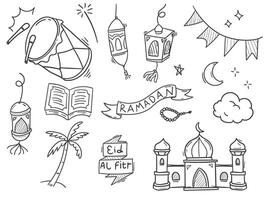 Hand drawn doodle set element related to eid mubarak and ramadan vector