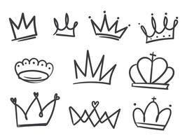 Hand drawn doodle crowns. king and queen crown line art vector