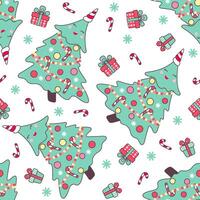 Christmas seamless pattern with cute christmas trees, candy canes and gifts isolated on white background. vector