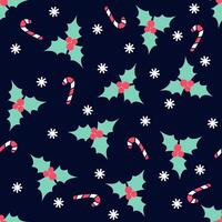 Seamless Christmas pattern in flat style with holly berry, candy cane and snowflakes on dark blue background. vector