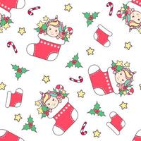 Christmas seamless pattern with cute unicorn in red sock, candy cane, holly and star isolated on white background. vector