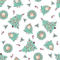 Christmas seamless pattern with cute unicorns, christmas tree, candy cane and holly isolated on white background. vector