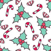 Seamless Christmas pattern with holly berry and candy cane isolated on white background. vector