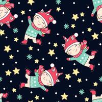 Christmas seamless pattern with cute unicorn ice skating, stars and snowflakes on black background. vector