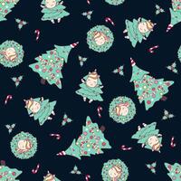 Christmas seamless pattern with cute unicorns, christmas tree, candy cane and holly on dark blue background. vector