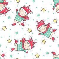 Christmas seamless pattern with cute unicorn ice skating, stars and snowflakes isolated on white background. vector