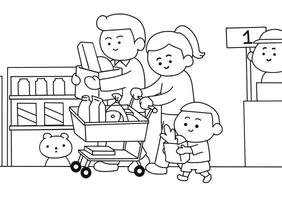 Family go to shopping line art. vector