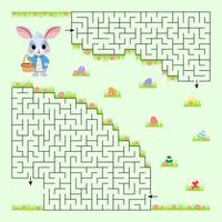 Vector illustration. Easter maze game. The bunny collects Easter eggs and looks for a way out of the maze. Game for children.