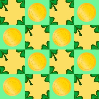 Vector seamless geometric pattern for St. Patrick's Day. Gold coins and clover.