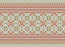 Pixel Cross Stitch pattern with Floral Designs. Traditional cross stitch needlework. Geometric Ethnic pattern, Embroidery, Textile ornamentation, fabric, Hand stitched pattern, Cultural stitching vector