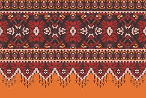 Pixel Cross Stitch Traditional Ethnic Pattern Paisley Flower Ikat Background Abstract Aztec African Indonesian Indian Seamless Pattern for Fabric Print Cloth Dress Carpet Curtains and Sarong vector