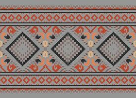 Pixel Cross Stitch Traditional Ethnic Pattern Paisley Flower Ikat Background Abstract Aztec African Indonesian Indian Seamless Pattern for Fabric Print Cloth Dress Carpet Curtains and Sarong vector