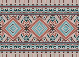 Pixel Cross Stitch Traditional Ethnic Pattern Paisley Flower Ikat Background Abstract Aztec African Indonesian Indian Seamless Pattern for Fabric Print Cloth Dress Carpet Curtains and Sarong vector