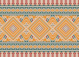 Pixel Cross Stitch Traditional Ethnic Pattern Paisley Flower Ikat Background Abstract Aztec African Indonesian Indian Seamless Pattern for Fabric Print Cloth Dress Carpet Curtains and Sarong vector