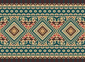 Pixel Cross Stitch Traditional Ethnic Pattern Paisley Flower Ikat Background Abstract Aztec African Indonesian Indian Seamless Pattern for Fabric Print Cloth Dress Carpet Curtains and Sarong vector