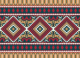 Pixel Cross Stitch Traditional Ethnic Pattern Paisley Flower Ikat Background Abstract Aztec African Indonesian Indian Seamless Pattern for Fabric Print Cloth Dress Carpet Curtains and Sarong vector