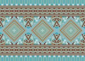 Pixel Cross Stitch Traditional Ethnic Pattern Paisley Flower Ikat Background Abstract Aztec African Indonesian Indian Seamless Pattern for Fabric Print Cloth Dress Carpet Curtains and Sarong vector