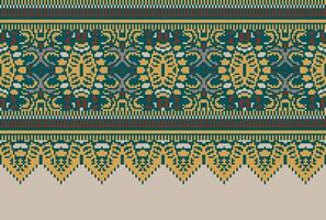 Pixel Cross Stitch pattern with Floral Designs. Traditional cross stitch needlework. Geometric Ethnic pattern, Embroidery, Textile ornamentation, fabric, Hand stitched pattern, Cultural stitching vector