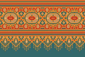 Pixel Cross Stitch Traditional Ethnic Pattern Paisley Flower Ikat Background Abstract Aztec African Indonesian Indian Seamless Pattern for Fabric Print Cloth Dress Carpet Curtains and Sarong vector