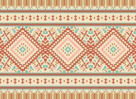 Pixel Cross Stitch Traditional Ethnic Pattern Paisley Flower Ikat Background Abstract Aztec African Indonesian Indian Seamless Pattern for Fabric Print Cloth Dress Carpet Curtains and Sarong vector