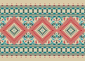 Pixel Cross Stitch Traditional Ethnic Pattern Paisley Flower Ikat Background Abstract Aztec African Indonesian Indian Seamless Pattern for Fabric Print Cloth Dress Carpet Curtains and Sarong vector