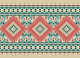 Pixel Cross Stitch Traditional Ethnic Pattern Paisley Flower Ikat Background Abstract Aztec African Indonesian Indian Seamless Pattern for Fabric Print Cloth Dress Carpet Curtains and Sarong vector