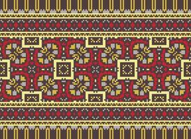 Pixel Cross Stitch Traditional Ethnic Pattern Paisley Flower Ikat Background Abstract Aztec African Indonesian Indian Seamless Pattern for Fabric Print Cloth Dress Carpet Curtains and Sarong vector