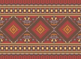 Pixel Cross Stitch Traditional Ethnic Pattern Paisley Flower Ikat Background Abstract Aztec African Indonesian Indian Seamless Pattern for Fabric Print Cloth Dress Carpet Curtains and Sarong vector