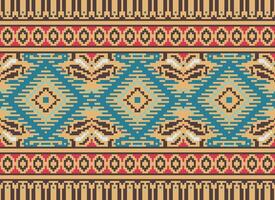 Pixel Cross Stitch Traditional Ethnic Pattern Paisley Flower Ikat Background Abstract Aztec African Indonesian Indian Seamless Pattern for Fabric Print Cloth Dress Carpet Curtains and Sarong vector