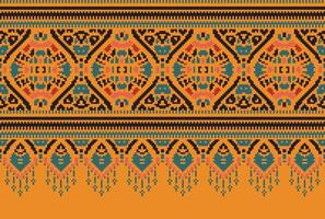 Pixel Cross Stitch Traditional Ethnic Pattern Paisley Flower Ikat Background Abstract Aztec African Indonesian Indian Seamless Pattern for Fabric Print Cloth Dress Carpet Curtains and Sarong vector