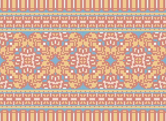 Pixel Cross Stitch Traditional Ethnic Pattern Paisley Flower Ikat Background Abstract Aztec African Indonesian Indian Seamless Pattern for Fabric Print Cloth Dress Carpet Curtains and Sarong