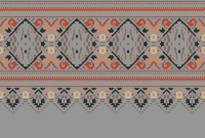 Pixel Cross Stitch pattern with Floral Designs. Traditional cross stitch needlework. Geometric Ethnic pattern, Embroidery, Textile ornamentation, fabric, Hand stitched pattern, Cultural stitching vector