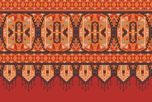 Pixel Cross Stitch Traditional Ethnic Pattern Paisley Flower Ikat Background Abstract Aztec African Indonesian Indian Seamless Pattern for Fabric Print Cloth Dress Carpet Curtains and Sarong vector