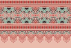 Pixel Cross Stitch Traditional Ethnic Pattern Paisley Flower Ikat Background Abstract Aztec African Indonesian Indian Seamless Pattern for Fabric Print Cloth Dress Carpet Curtains and Sarong vector